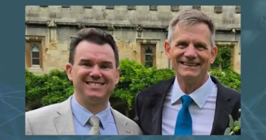 Professor Constantin Coussios and Professor Robin Cleveland smiling outdoors in front of an Oxford college building.
