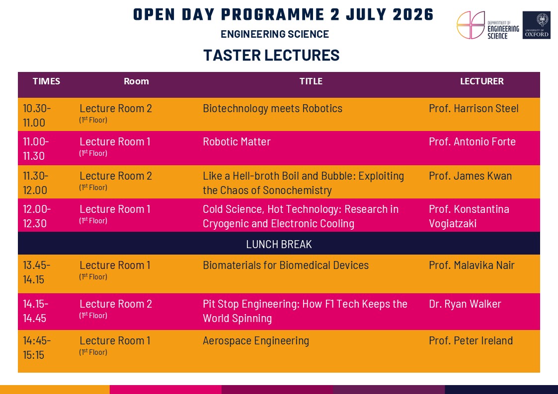 Thursday 2nd July 2026 Open Day Oxford Engineering Science Taster Lectures