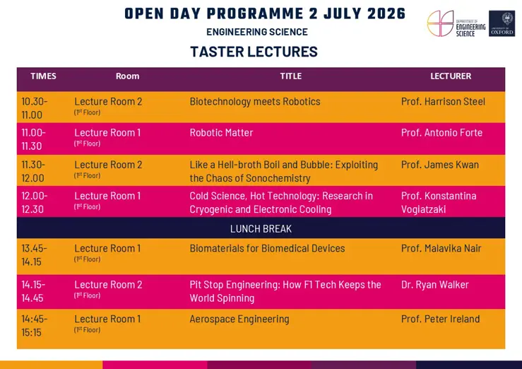 Thursday 2nd July 2026 Open Day Oxford Engineering Science Taster Lectures