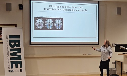 Prof Holly Bridge during her talk at the 2025 BioEngenuity Event