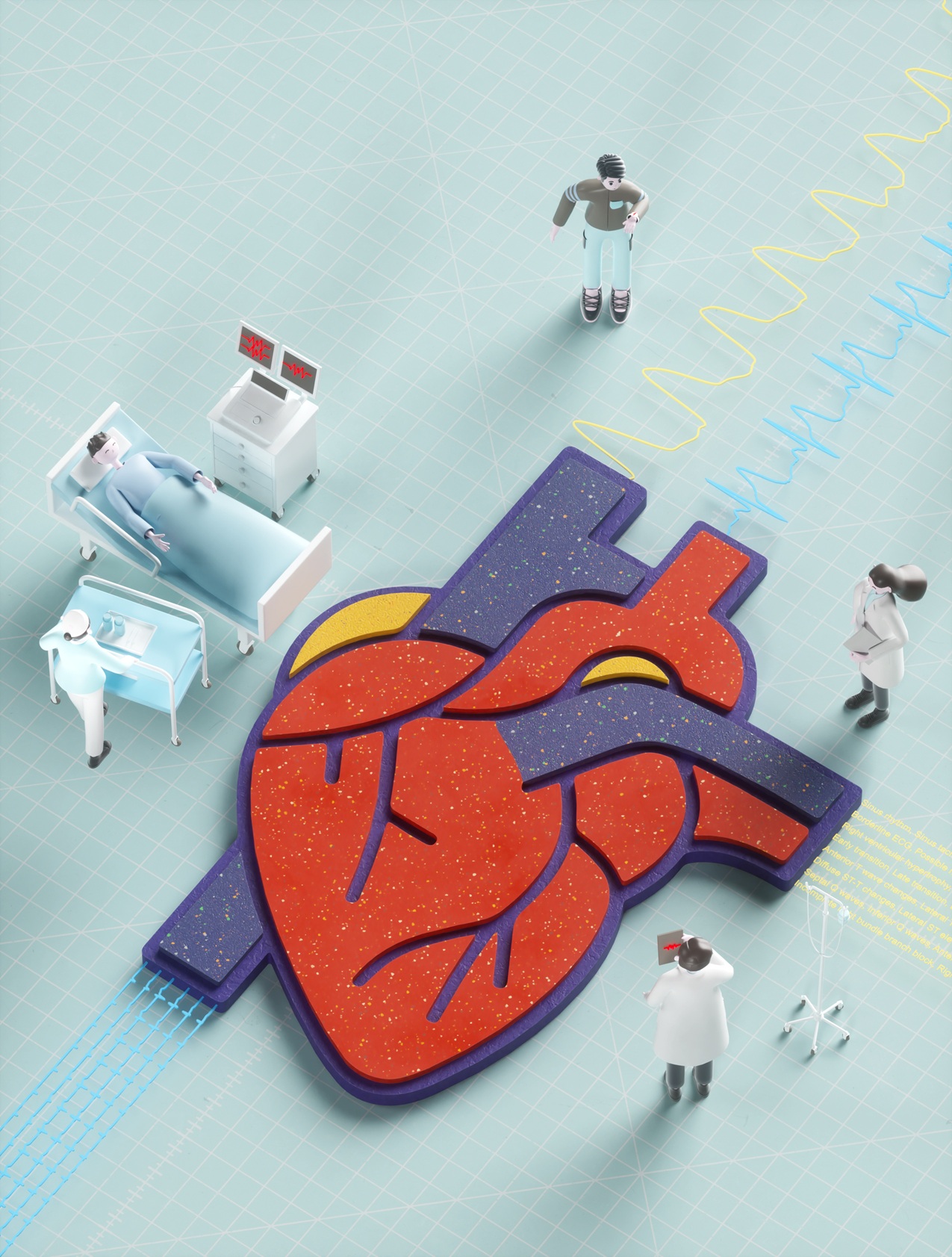 A stylised cardiac core is surrounded by individuals, clinicians, and monitoring devices, reflecting how cardiac physiology is observed across clinical and everyday settings. The image represents a foundation model that unifies heterogeneous cardiac signals and contexts into shared representations for robust cardiac assessment. Credit: Chaoyang Zhao