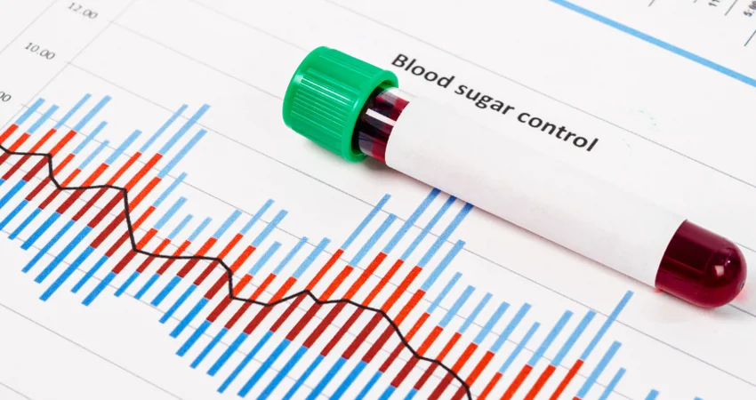 A stock photo of a modern medical blood vial laying on a printed chart tracking blood sugar level.
