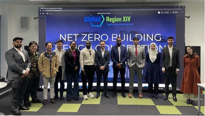 Members of the UK team during a work meeting at the University of Loughborough, where they discussed their strategy and created a detailed working plan for their proposal for the ASHRAE University Competition (25 April 2025).