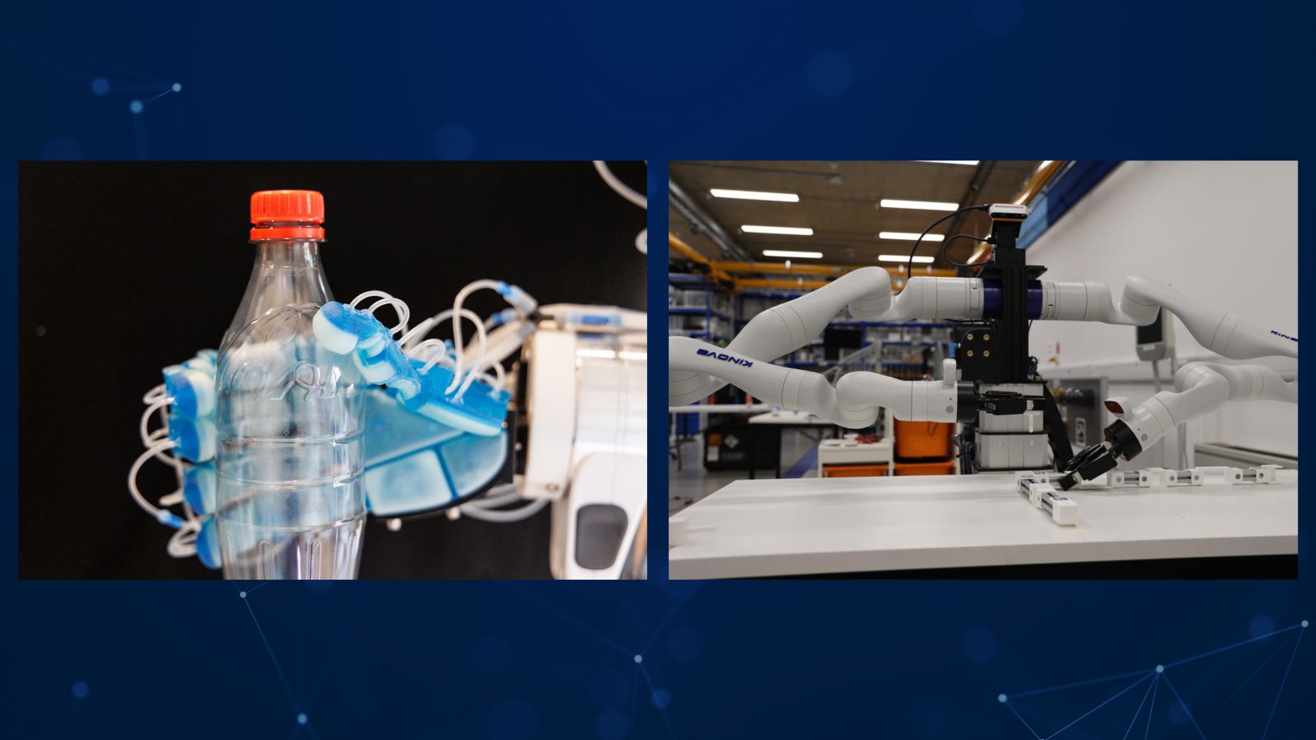 Side-by-side images of robotics technology: on the left, a soft robotic hand with blue flexible tubing grips a plastic bottle; on the right, “Frank,” a dual-armed industrial robot, uses its two white robotic arms to manipulate objects on a workbench in a lab setting.