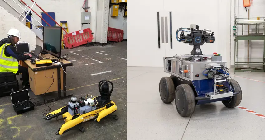 A horizontal collage of two photos. The photos of are of two robots used by the Oxford Robotics Institute: on the left is a walking robot - Spot, with a man at the controls, on the right is a photo of a small wheeled robot.
