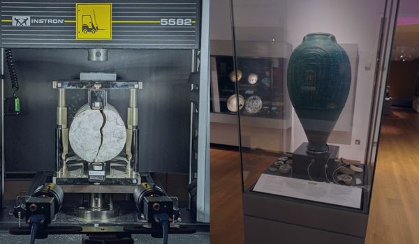 Two images, one on the left of an accelerometer, and one on the right showing a historical artefact vase kept in a glass display case in The Ashmolean museum.