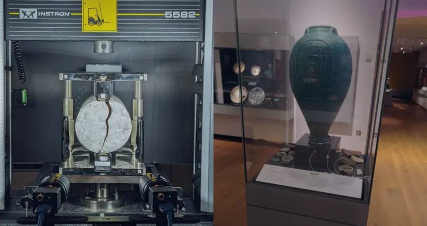 Two images, one on the left of an accelerometer, and one on the right showing a historical artefact vase kept in a glass display case in The Ashmolean museum.