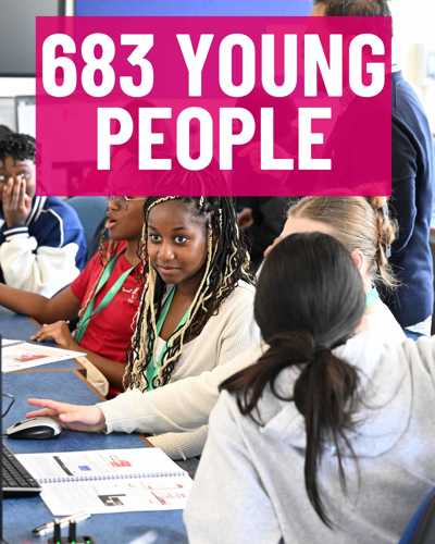 Graphic showing number of people Oxford Engineering outreach have worked with since October 2025 (683 people), against photo of schoolchildren