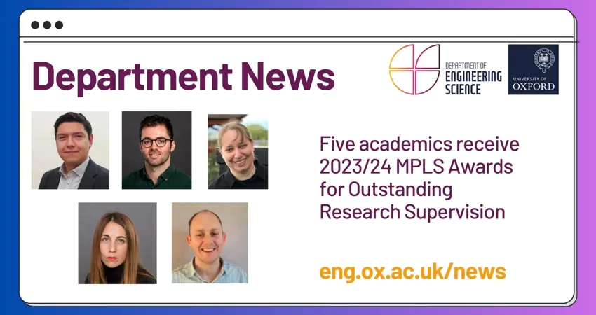 Winners of the MPLS Outstanding Research Supervision Awards 2023/24: Clockwise from top left: Professor Alfonso Castrejon-Pita, Professor Harrison Steel, Professor Noa Zilberman, Professor Robert Carlisle, Professor Perla Maiolino