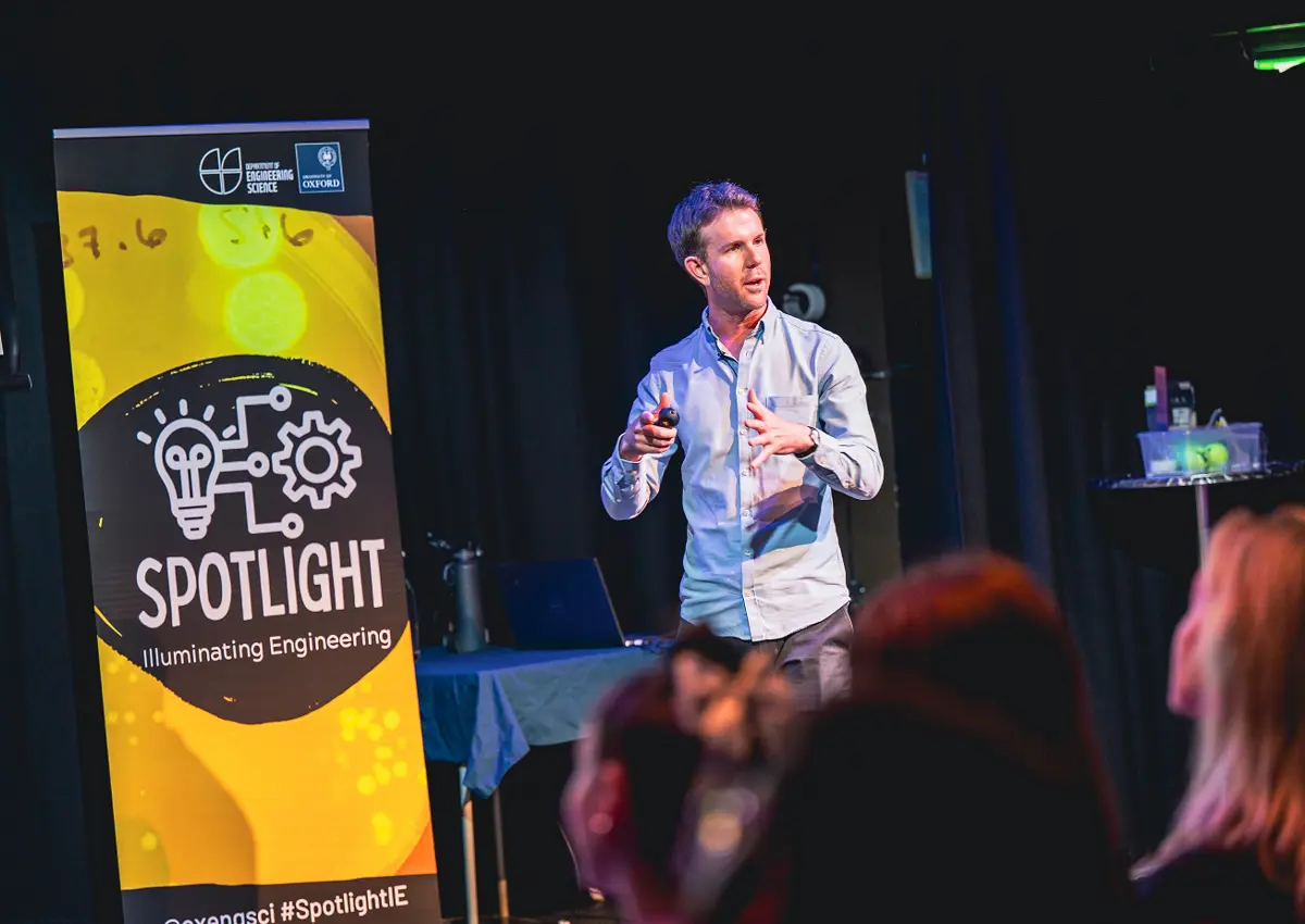 Dr Danny Coles presents at the Spotlight Engineering event, Old Fire Station, Oxford, April 2025