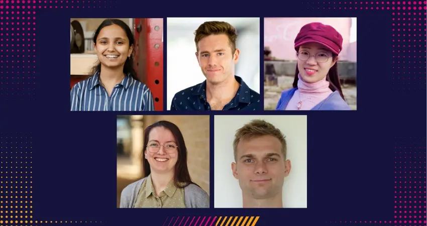 Schmidt AI in Science Fellowship 2025, Clockwise from top left: Dr Taniya Kapoor, Thomas Monahan, Dr Jiahe Cui, Dr Daniel Schofield, Dr Alycia Leonard