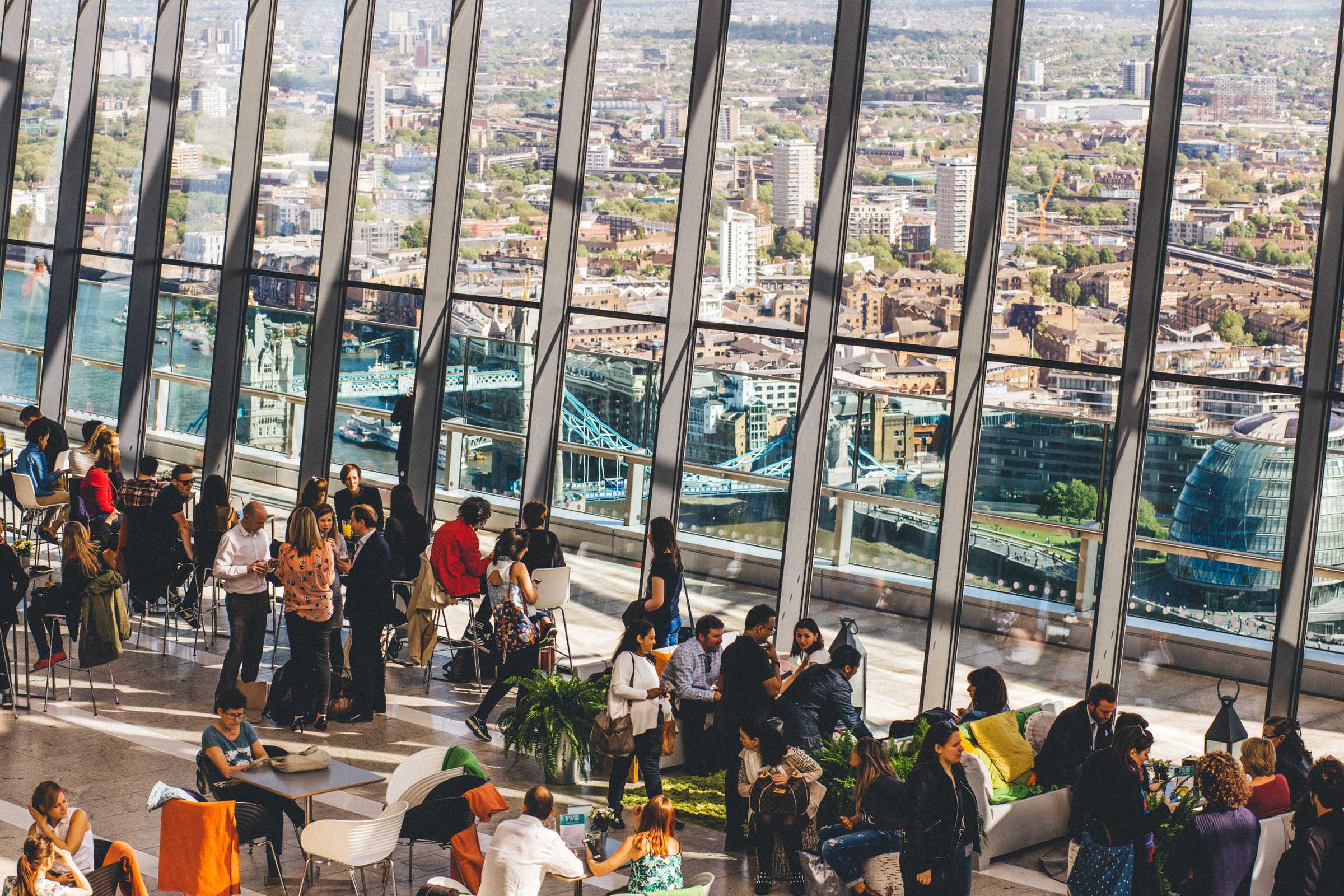 Cityscape view from restaurant window