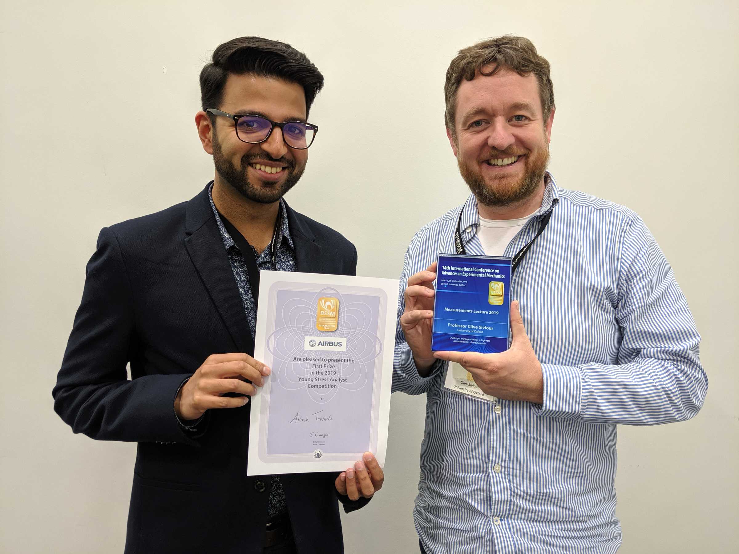 DPhil student Akash Trivedi who won the BSSM student paper competition 2019, with Professor Clive Siviour