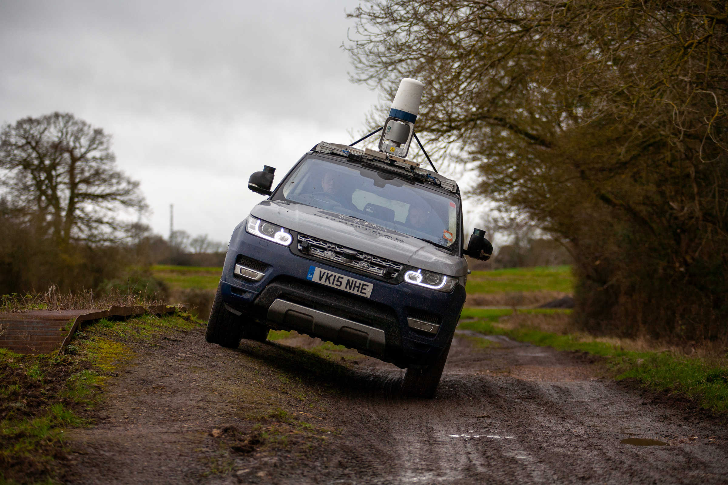 JLR Range Rover driving offroad for data collection trial. 