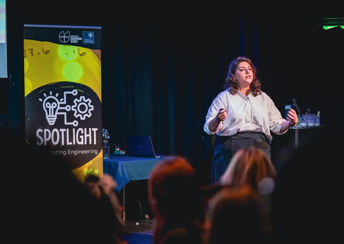 Dr Mujan Seif presents at the Spotlight Engineering event, Old Fire Station, Oxford, April 2025