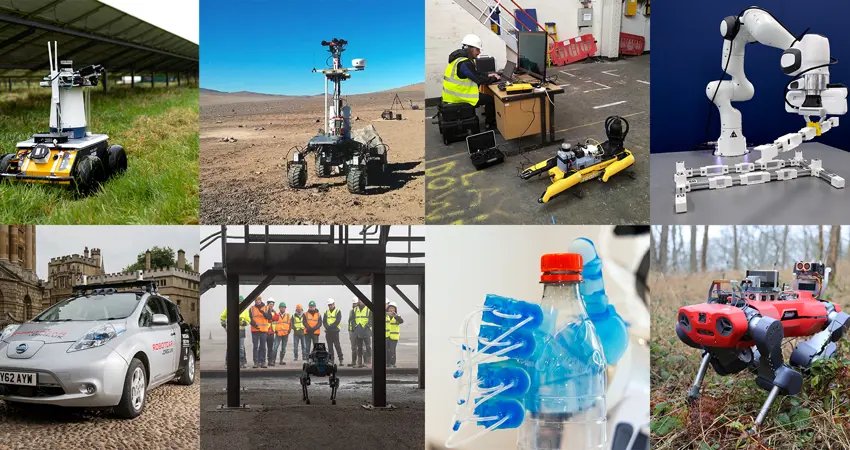 A collage of 8 images laid out in a 2 x 4, horizontal, grid. Each image is one of the robots the Oxford Robotics Institute (ORI) has either made or uses.